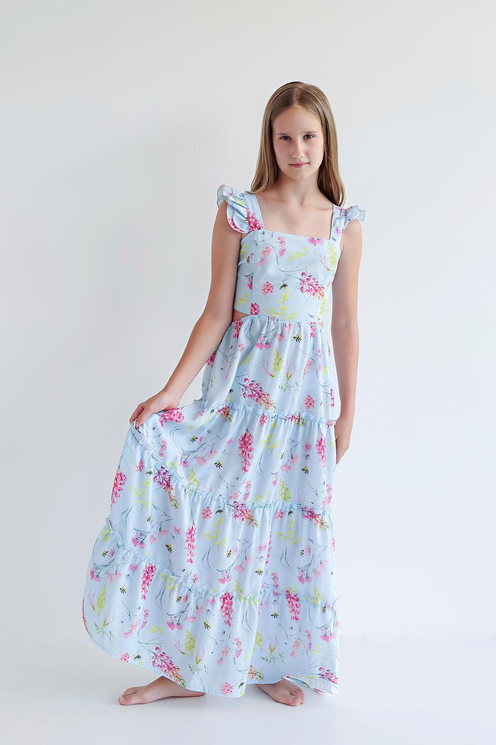 Vestido largo estampado floral para niñas y jóvenes