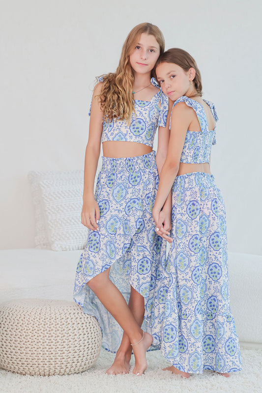 Conjunto de falda larga con estampado floral azul para niñas y jóvenes